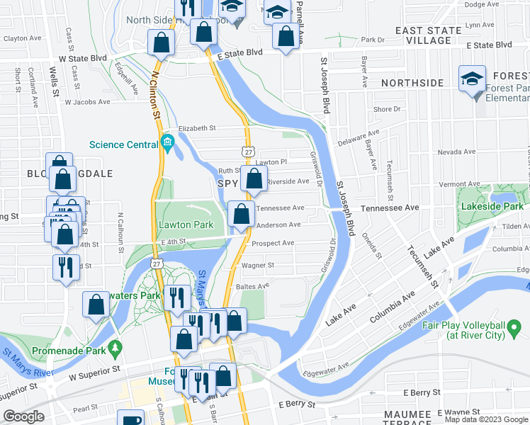 map of restaurants, bars, coffee shops, grocery stores, and more near 602 Tennessee Avenue in Fort Wayne