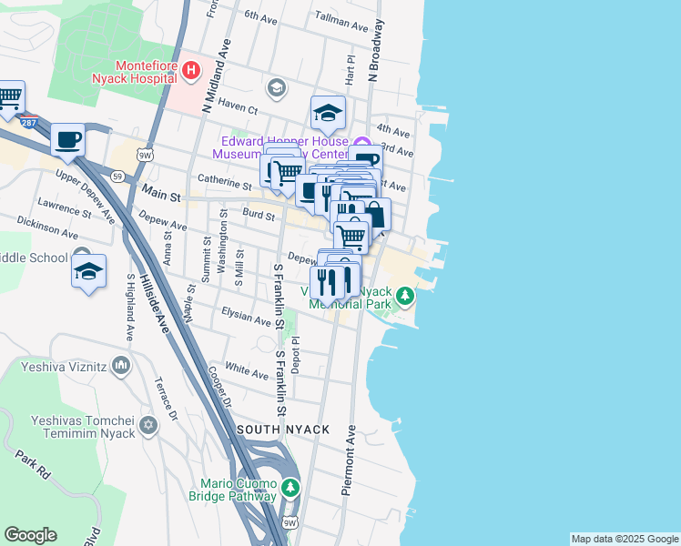 map of restaurants, bars, coffee shops, grocery stores, and more near 37 South Broadway in Nyack