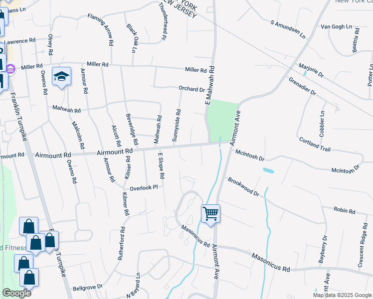 map of restaurants, bars, coffee shops, grocery stores, and more near 247 Airmount Road in Mahwah