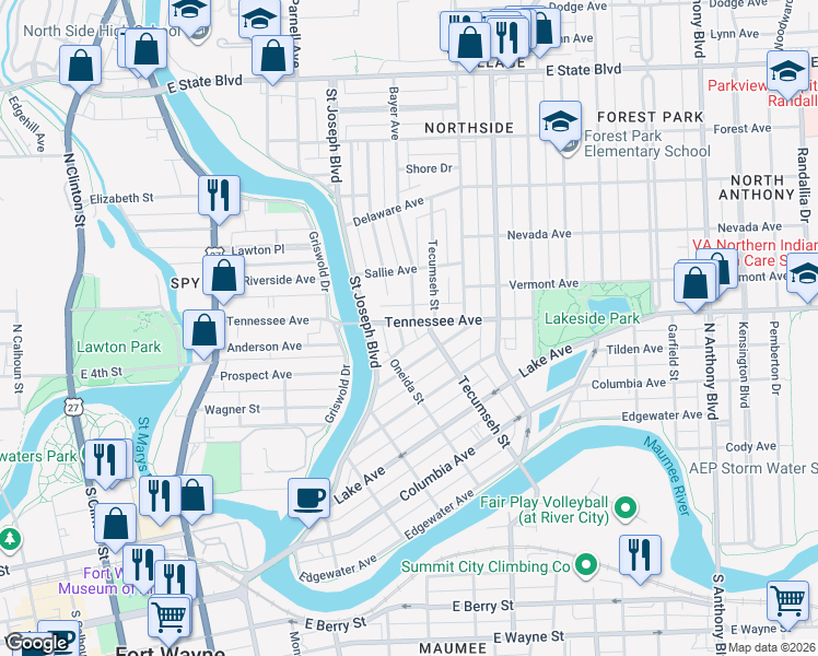 map of restaurants, bars, coffee shops, grocery stores, and more near 1010 Tennessee Avenue in Fort Wayne