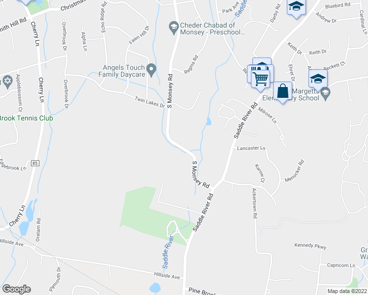 map of restaurants, bars, coffee shops, grocery stores, and more near 74 South Monsey Road in Airmont