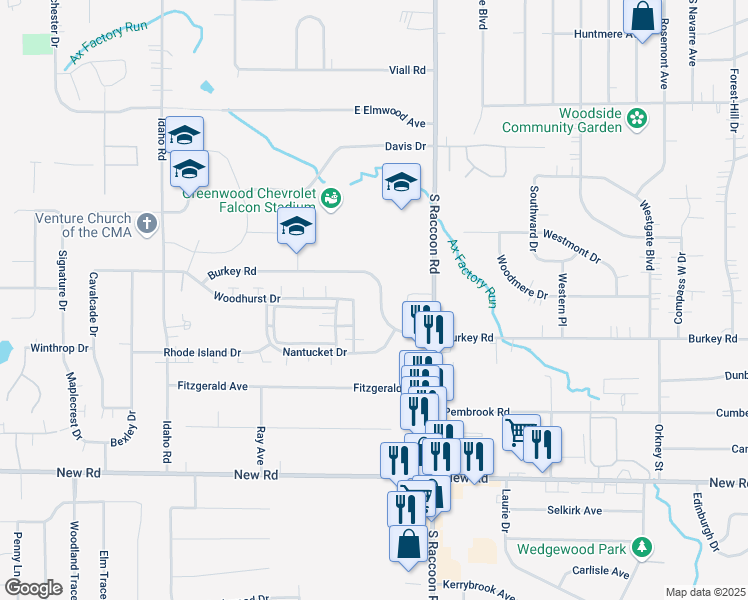 map of restaurants, bars, coffee shops, grocery stores, and more near 4457 Burkey Road in Youngstown