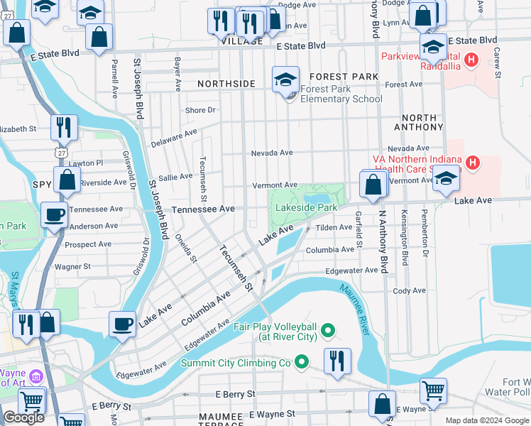 map of restaurants, bars, coffee shops, grocery stores, and more near 1227 California Avenue in Fort Wayne
