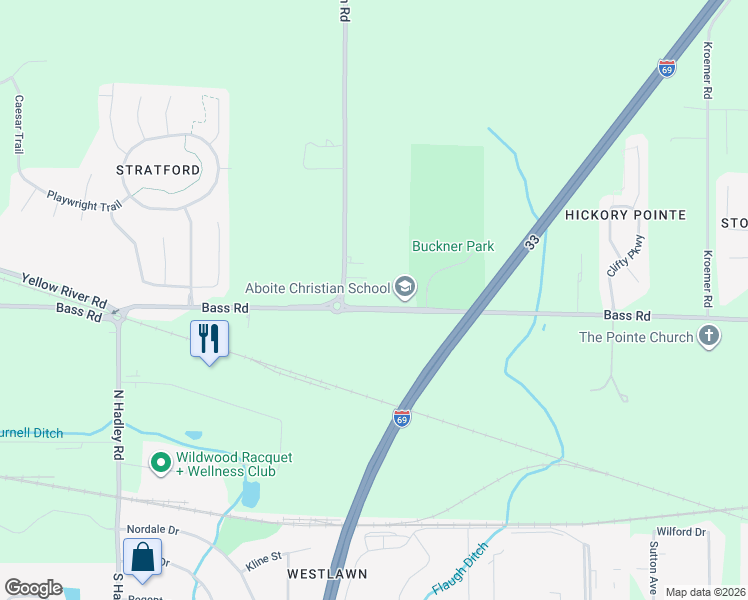 map of restaurants, bars, coffee shops, grocery stores, and more near 6310 Bass Road in Fort Wayne