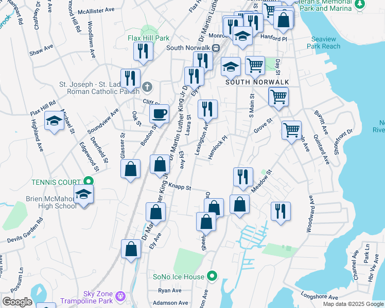 map of restaurants, bars, coffee shops, grocery stores, and more near 69 Lexington Avenue in Norwalk