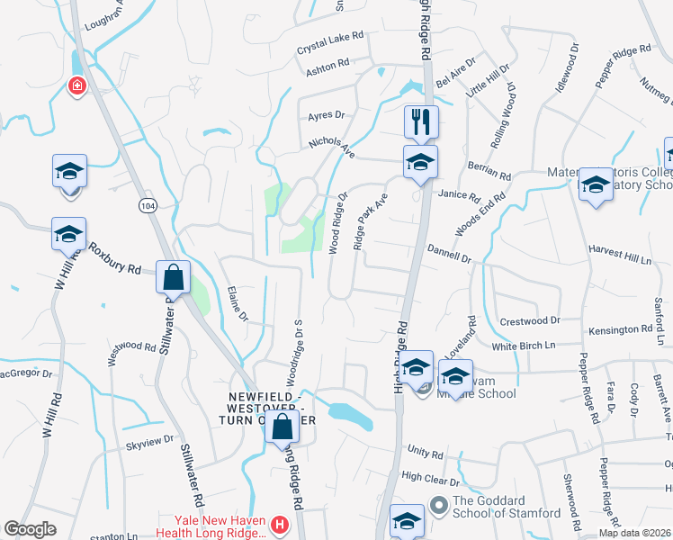map of restaurants, bars, coffee shops, grocery stores, and more near 119 Wood Ridge Drive in Stamford