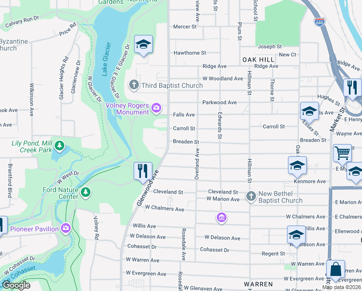 map of restaurants, bars, coffee shops, grocery stores, and more near 538 Breaden Street in Youngstown