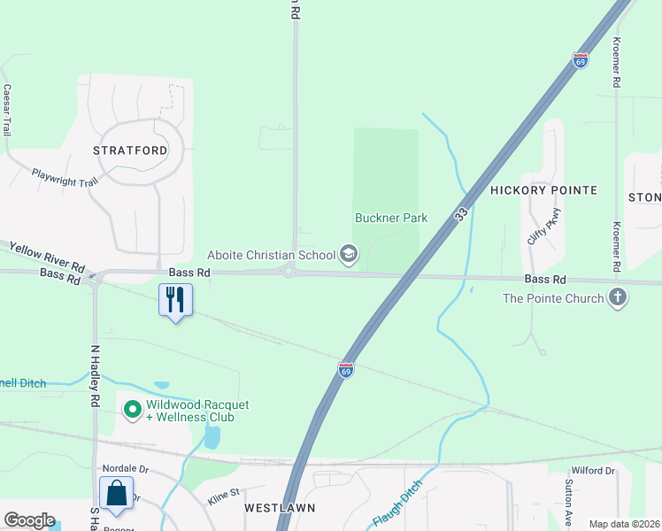 map of restaurants, bars, coffee shops, grocery stores, and more near 6310 Bass Rd in Fort Wayne