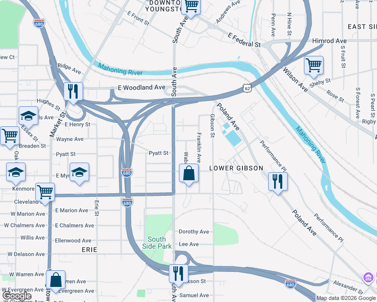 map of restaurants, bars, coffee shops, grocery stores, and more near 914 Franklin Avenue in Youngstown
