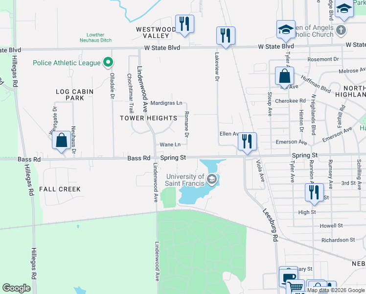 map of restaurants, bars, coffee shops, grocery stores, and more near 2928-3820 Wane Lane in Fort Wayne