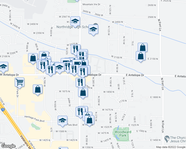 map of restaurants, bars, coffee shops, grocery stores, and more near 288 Antelope Drive in Layton