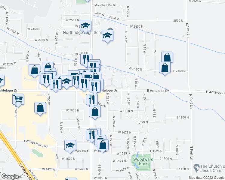 map of restaurants, bars, coffee shops, grocery stores, and more near 256 Antelope Drive in Layton