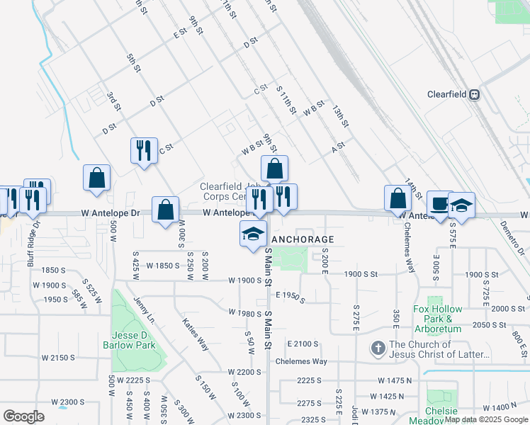 map of restaurants, bars, coffee shops, grocery stores, and more near 16 West 1700 South in Clearfield