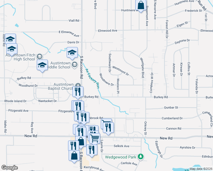 map of restaurants, bars, coffee shops, grocery stores, and more near 4227 Woodmere Drive in Youngstown