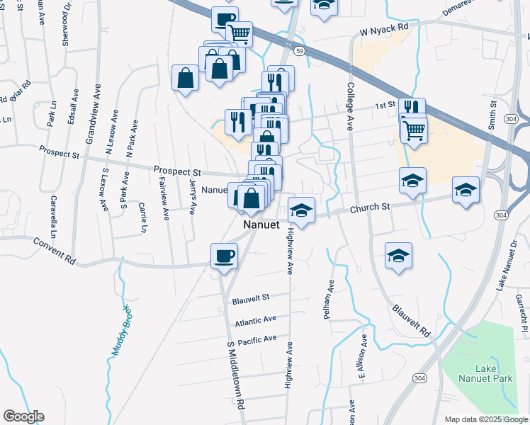 map of restaurants, bars, coffee shops, grocery stores, and more near 210 Main Street in Nanuet