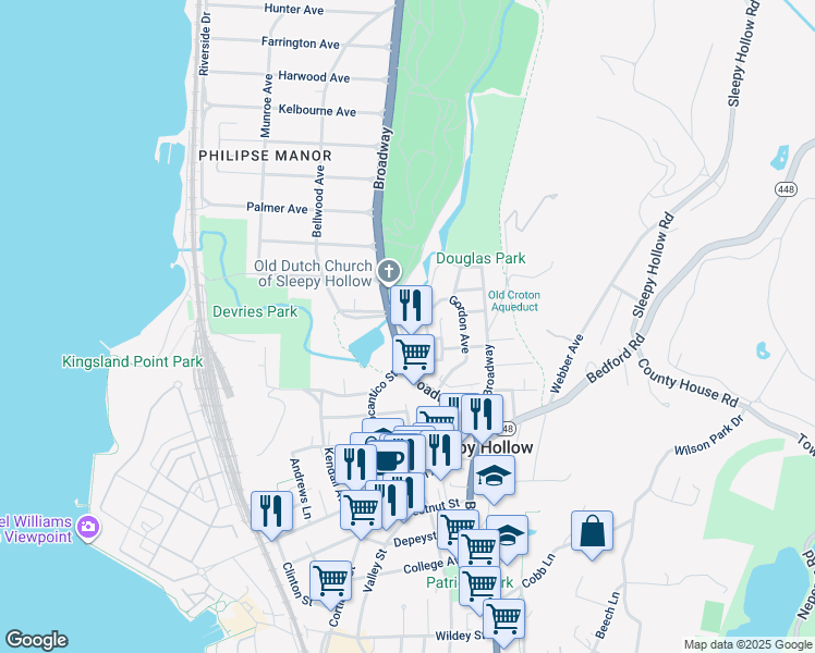 map of restaurants, bars, coffee shops, grocery stores, and more near 410 Old Broadway in Sleepy Hollow