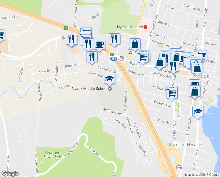 map of restaurants, bars, coffee shops, grocery stores, and more near 98 South Highland Avenue in Nyack
