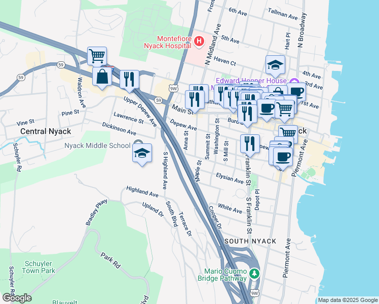 map of restaurants, bars, coffee shops, grocery stores, and more near 250 Cedar Hill Avenue in Nyack