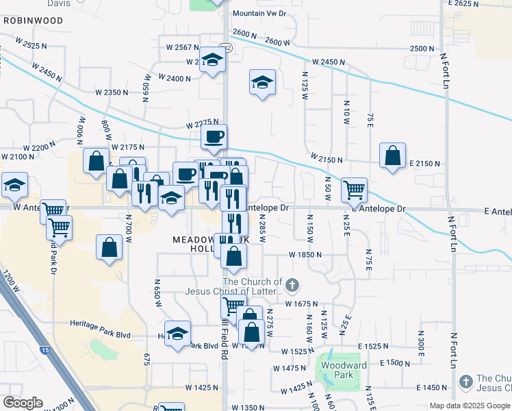 map of restaurants, bars, coffee shops, grocery stores, and more near 308 Antelope Drive in Layton