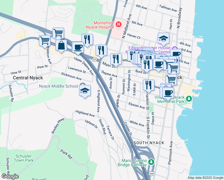 map of restaurants, bars, coffee shops, grocery stores, and more near 254 Cedar Hill Avenue in Nyack