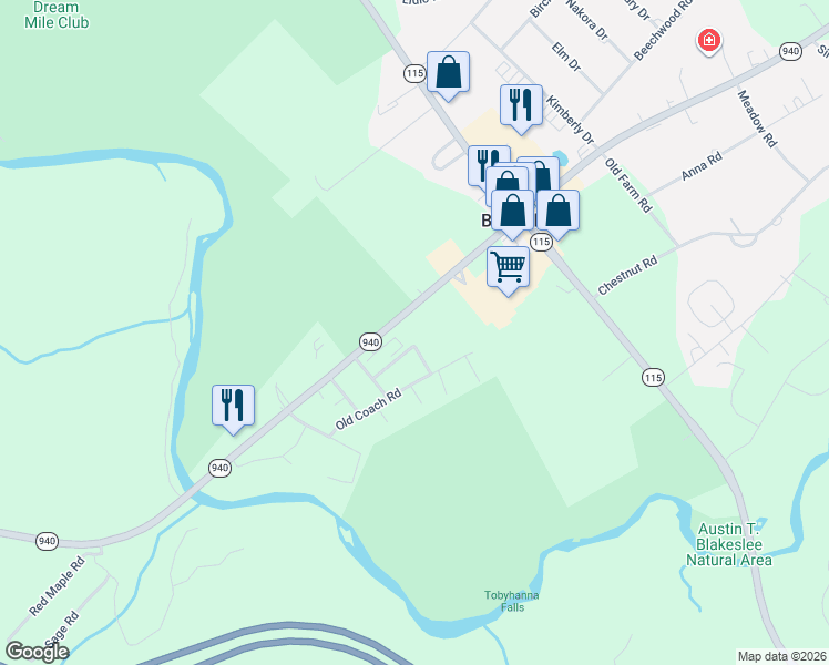 map of restaurants, bars, coffee shops, grocery stores, and more near 119 Red Squirrel Road in Blakeslee