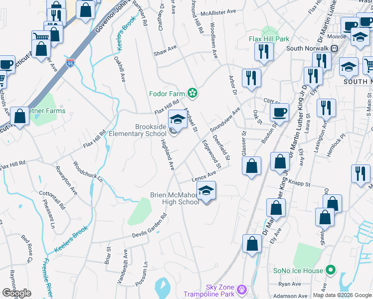 map of restaurants, bars, coffee shops, grocery stores, and more near 5 Upland Court in Norwalk