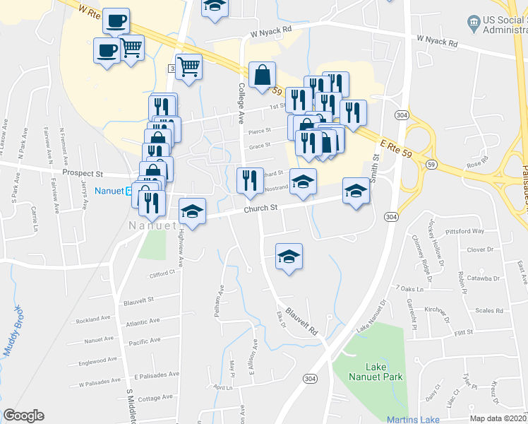 map of restaurants, bars, coffee shops, grocery stores, and more near 76 Church Street in Nanuet