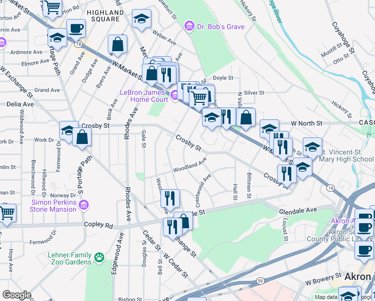map of restaurants, bars, coffee shops, grocery stores, and more near 92 Oakdale Avenue in Akron