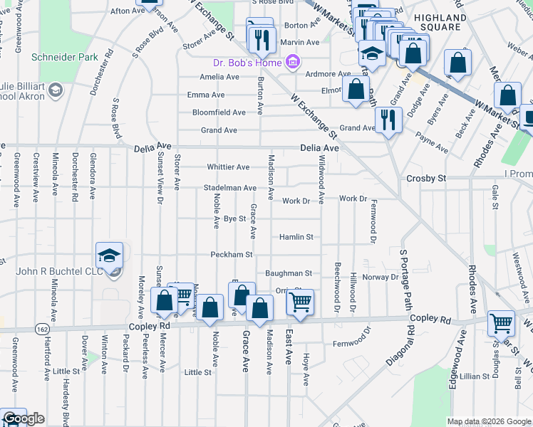 map of restaurants, bars, coffee shops, grocery stores, and more near 313 Madison Avenue in Akron