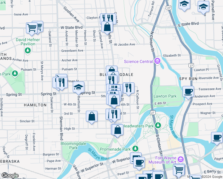 map of restaurants, bars, coffee shops, grocery stores, and more near 1627 Wells Street in Fort Wayne
