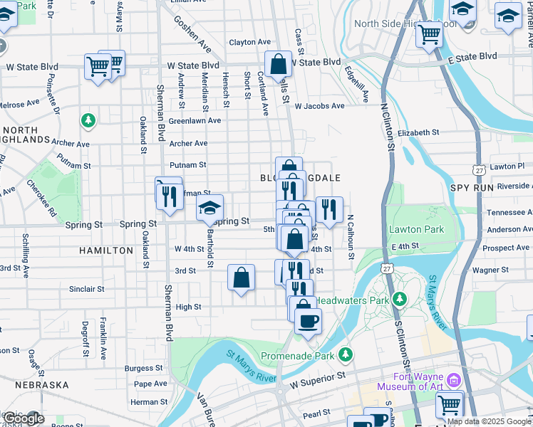 map of restaurants, bars, coffee shops, grocery stores, and more near 1629 Beach Street in Fort Wayne