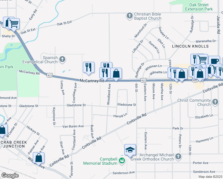 map of restaurants, bars, coffee shops, grocery stores, and more near 161 Woodland Avenue in Campbell