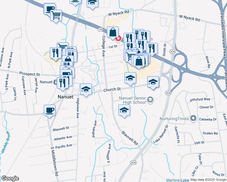 map of restaurants, bars, coffee shops, grocery stores, and more near 75 Church Street in Nanuet