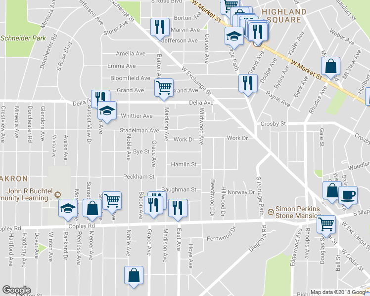 map of restaurants, bars, coffee shops, grocery stores, and more near 901 Bye Street in Akron
