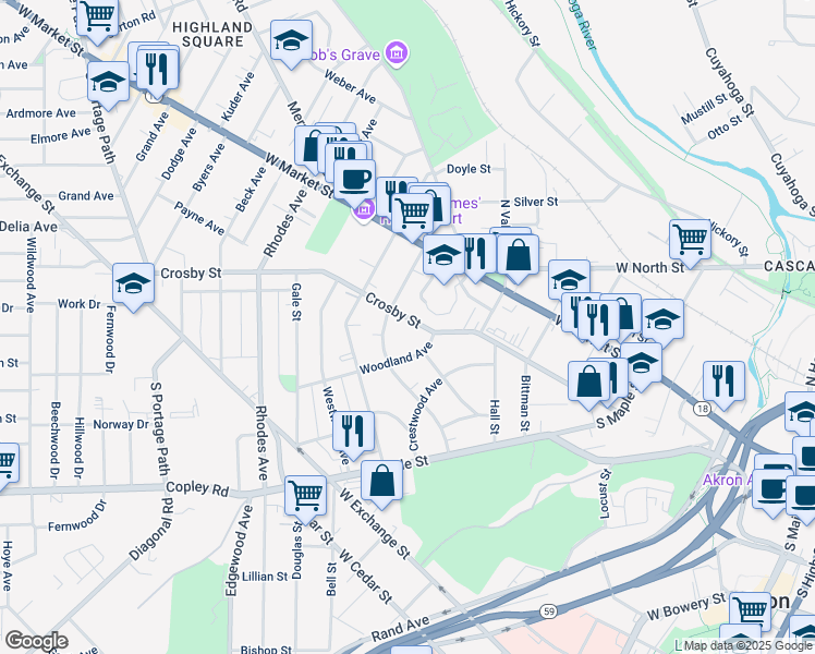 map of restaurants, bars, coffee shops, grocery stores, and more near 436 Crosby Street in Akron