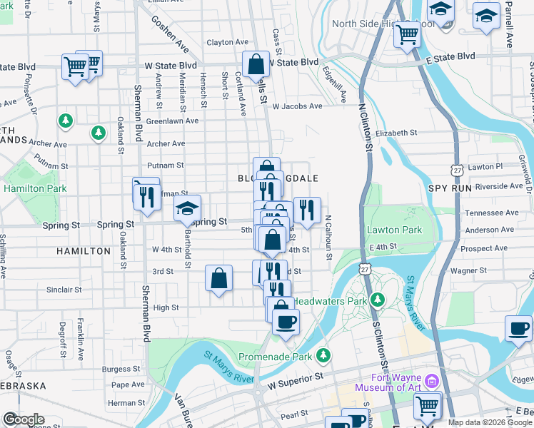 map of restaurants, bars, coffee shops, grocery stores, and more near 1621 North Wells Street in Fort Wayne