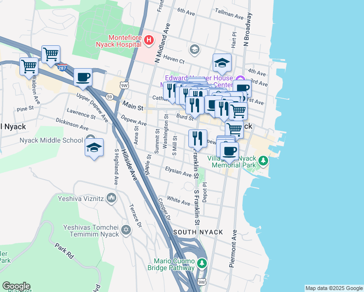 map of restaurants, bars, coffee shops, grocery stores, and more near in Nyack