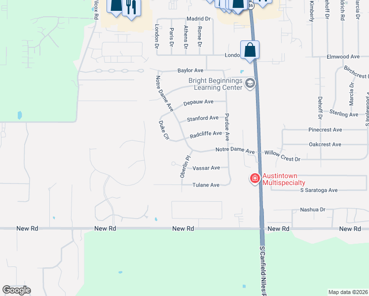 map of restaurants, bars, coffee shops, grocery stores, and more near 663 Notre Dame Avenue in Youngstown