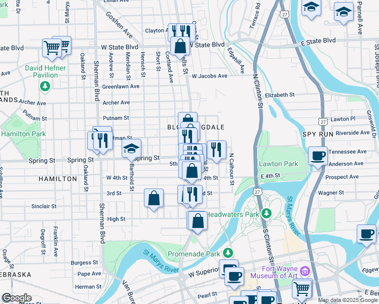 map of restaurants, bars, coffee shops, grocery stores, and more near 1623 North Wells Street in Fort Wayne