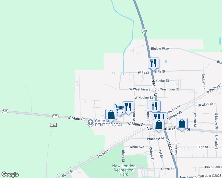 map of restaurants, bars, coffee shops, grocery stores, and more near 55 West Washburn Street in New London
