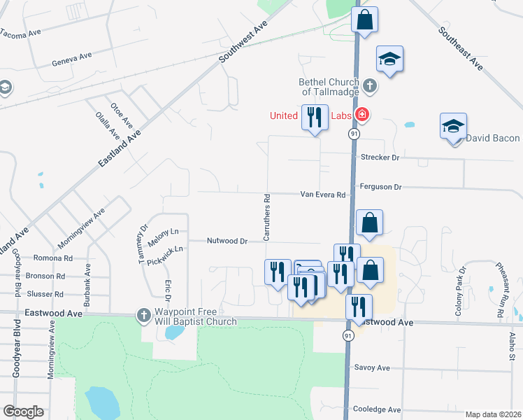 map of restaurants, bars, coffee shops, grocery stores, and more near 444 Carruthers Road in Tallmadge