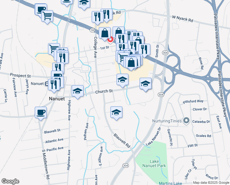 map of restaurants, bars, coffee shops, grocery stores, and more near 2 De Clark Place in Nanuet