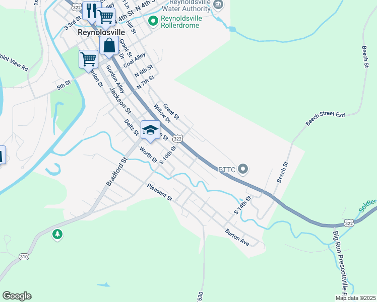 map of restaurants, bars, coffee shops, grocery stores, and more near 1040 East Main Street in Reynoldsville