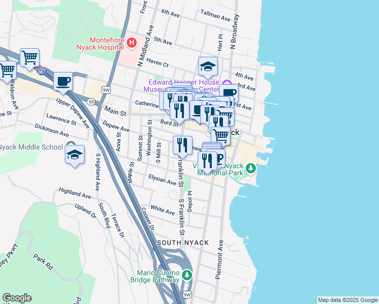 map of restaurants, bars, coffee shops, grocery stores, and more near 100 Nyack Plaza in Nyack