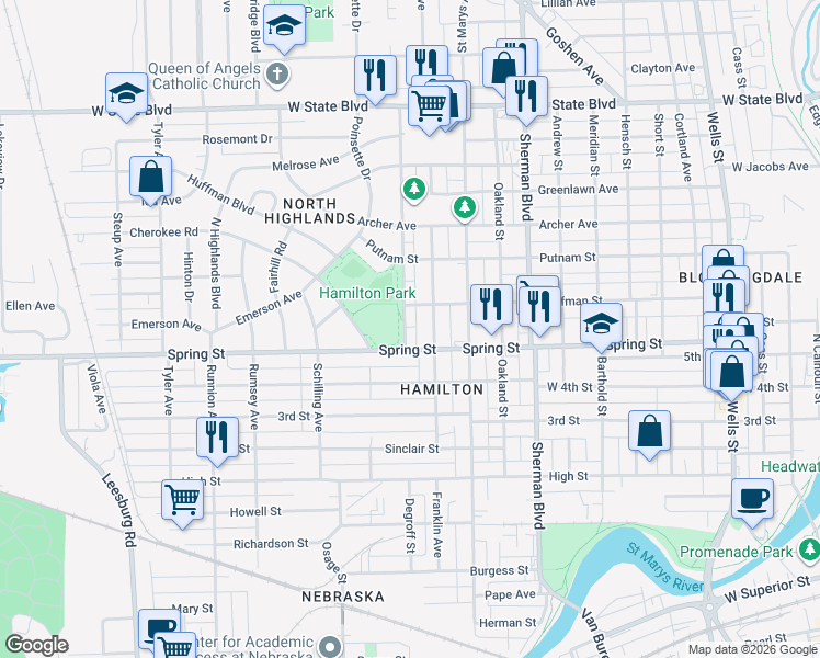 map of restaurants, bars, coffee shops, grocery stores, and more near 1213 Huffman Street in Fort Wayne