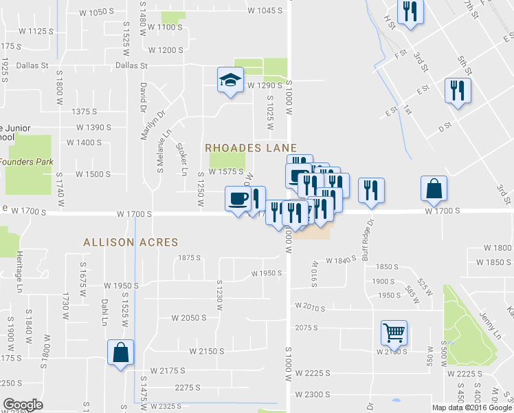 map of restaurants, bars, coffee shops, grocery stores, and more near 1102 W 1700 S in Syracuse
