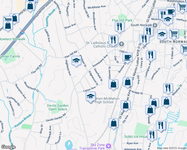 map of restaurants, bars, coffee shops, grocery stores, and more near 7 Edgewood Street in Norwalk