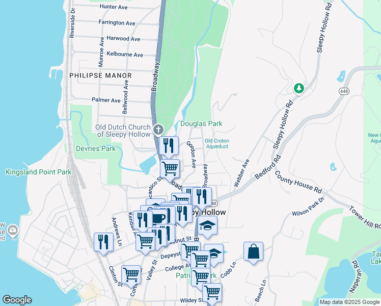 map of restaurants, bars, coffee shops, grocery stores, and more near 132 Van Tassel Avenue in Sleepy Hollow
