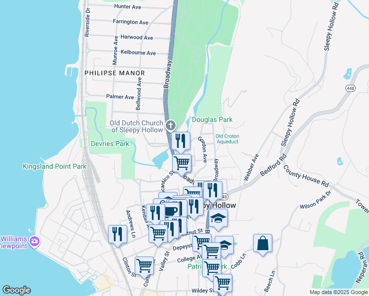 map of restaurants, bars, coffee shops, grocery stores, and more near 410 Old Broadway in Sleepy Hollow