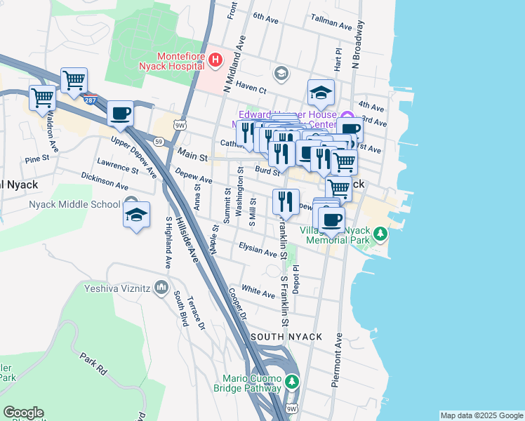 map of restaurants, bars, coffee shops, grocery stores, and more near in Nyack